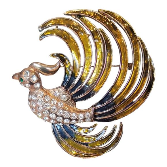 Unbranded Jewelry - Vintage Exotic Bird Brooch Pin Gold Tone Rhinestone Enamel Statement Large